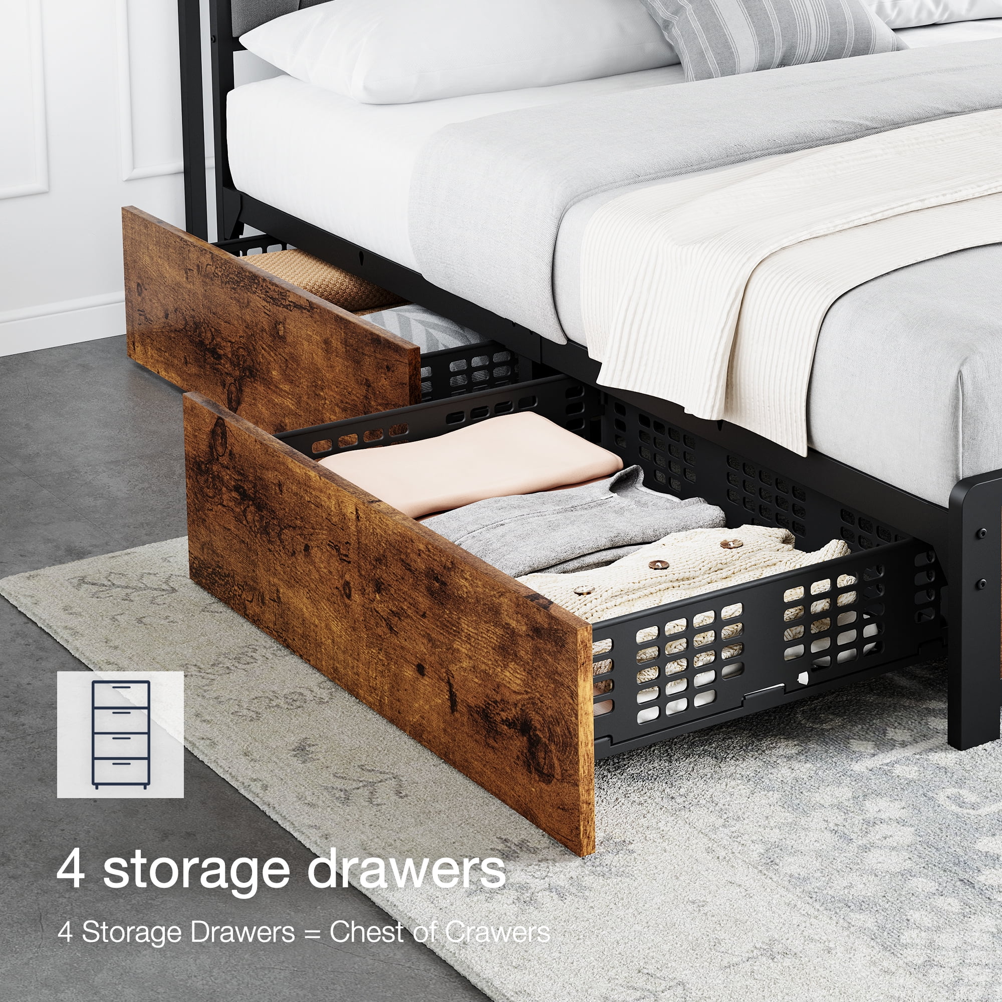 Platform Bed Frame with Storage and Charging Station​ - Vintage Brown Upholstered Bed with 4 Drawers. Quiet Heavy-Duty Metal Frame. king size