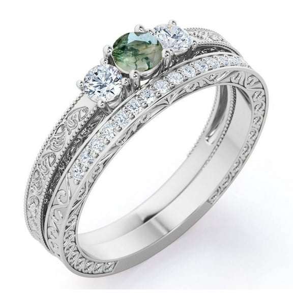 JeenMata Past Present Future 1.75 Carat Round Cut Natural Druzy Moss Green Agate and Moissanite Art-Deco Edwardian Cathedral Wedding Ring Set in 18K White Gold Plating over Silver