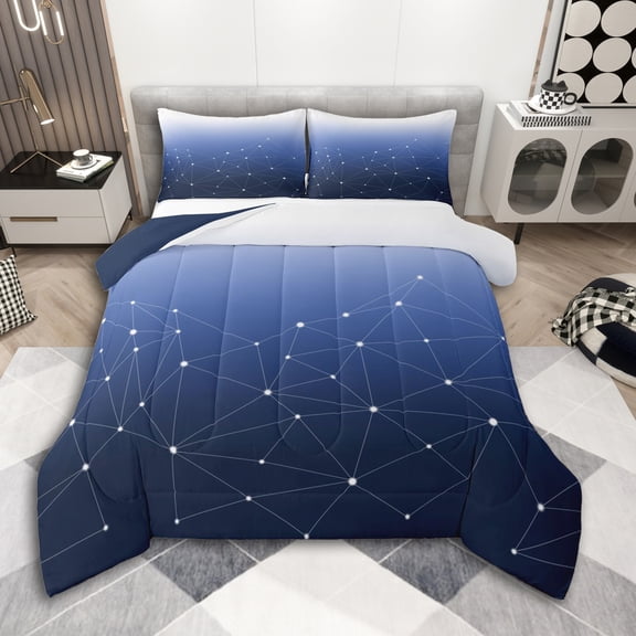 Erosebridal Teens Stars Print Full Size Comforter Sets 3 Pieces,Gradient Blue Starry Sky Bedding Sets For Boys,Navy Blue Reversible