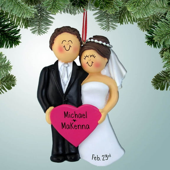 Wedding Couple Pink Heart - Both Brown - Personalized Ornament - Just Married - First Christmas - 1st Xmas - Perfect Stocking Stuffer - Great Gift Ideas