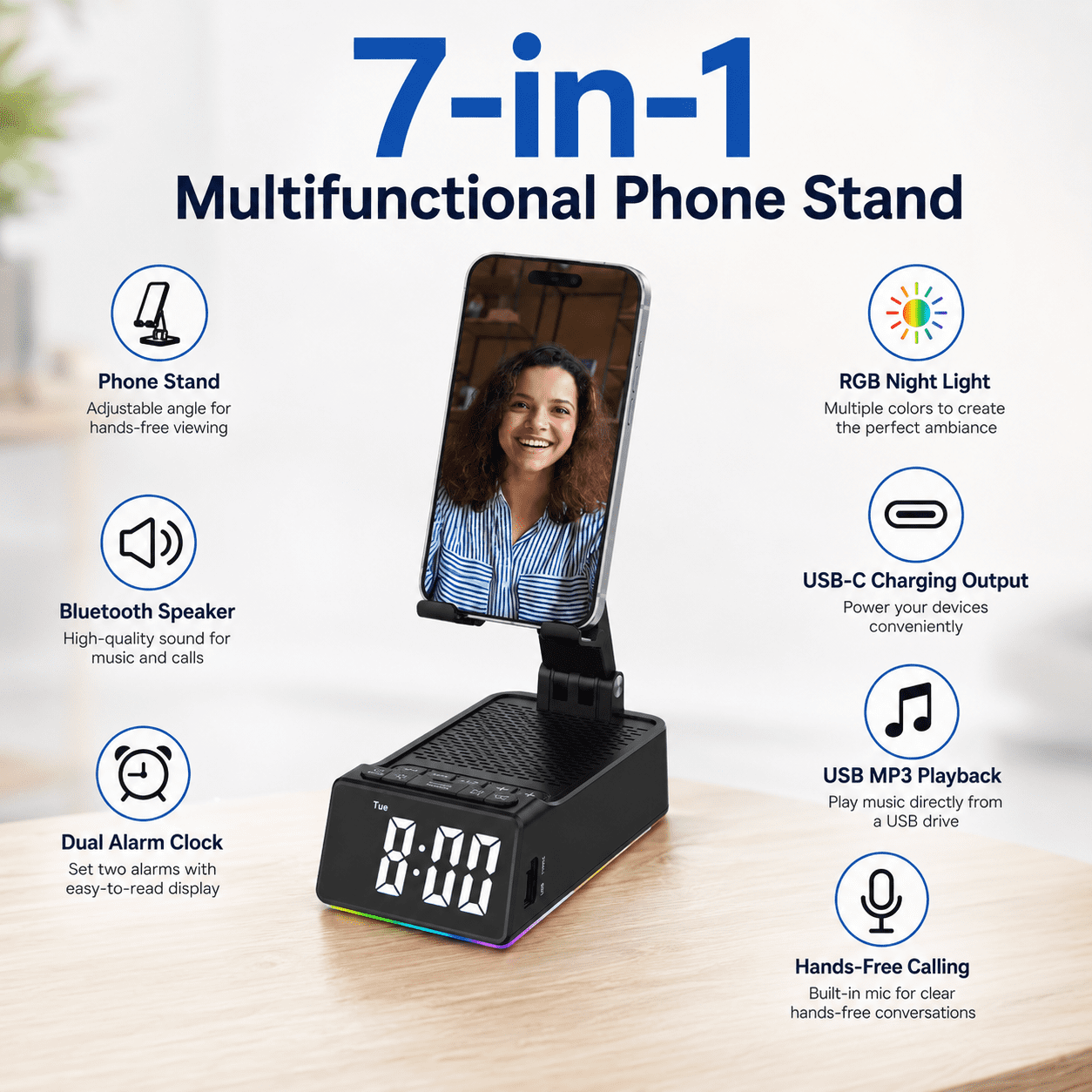 JDMEOPD Cell Phone Stand with Bluetooth Speaker and Alarm Clock, 7-in-1 Phone Holder with LED Clock, RGB Light, USB-C Charging