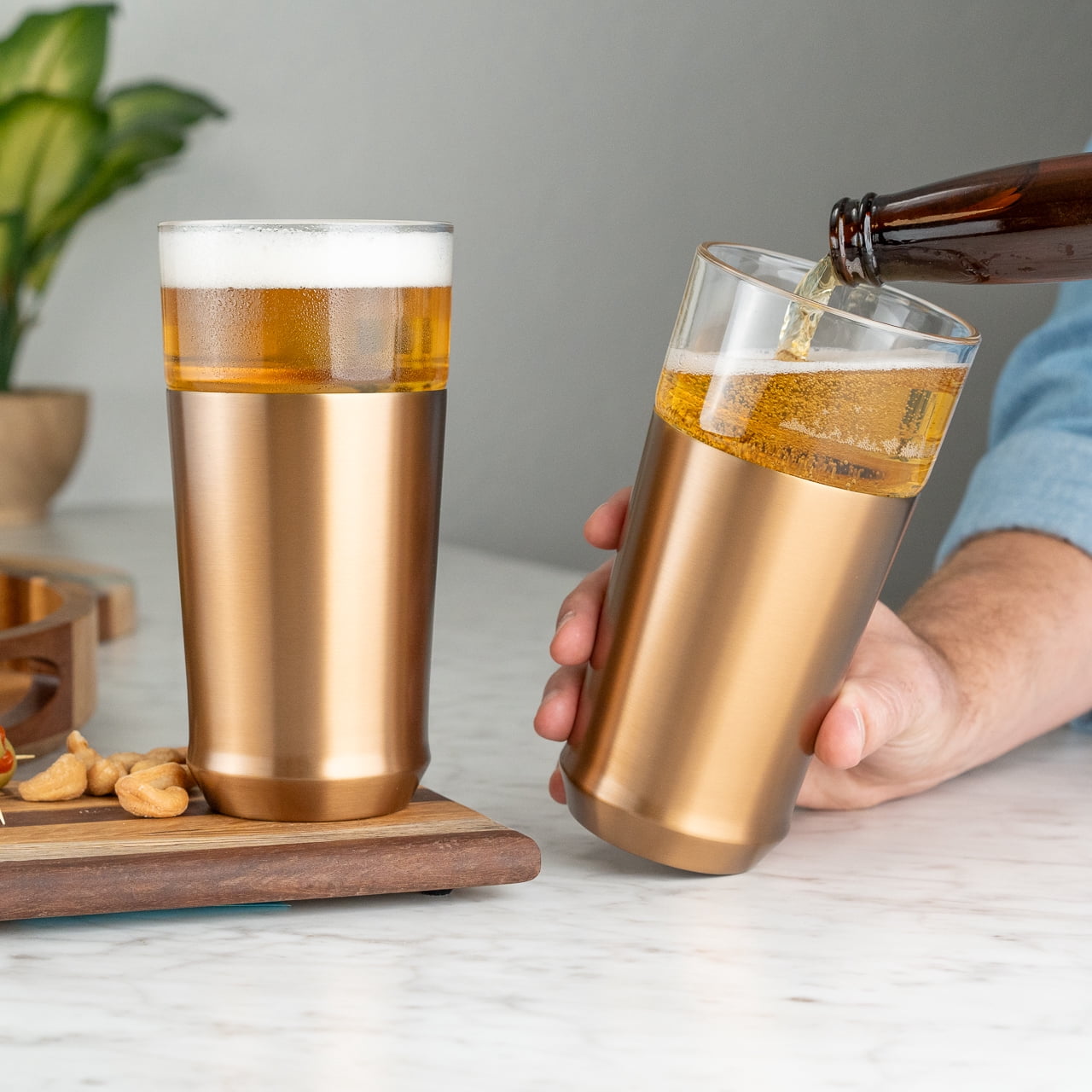 Elevated Craft Hybrid Vacuum Insulated Stainless Steel Base with Removable Pint Glass Insert, Ideal Insulation for Beers & Cold Beverages with Built-in Bottle Opener, Brushed Copper (16 oz)