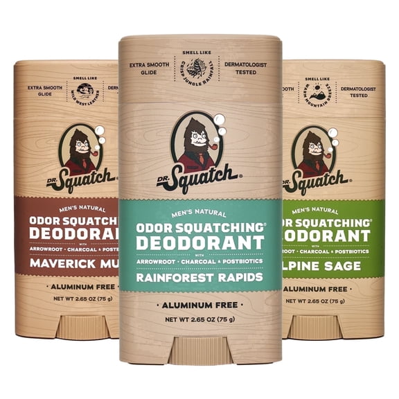 Dr. Squatch Mens Aluminum Free Deodorant Set, Natural Deodorant for Men, Maverick Musk   Alpine Sage   Rainforest Rapids, 2.65 oz, 3 Pack
