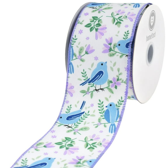 HOMEFORD Spring Birds Flower Stems Satin Wired Ribbon, 2-1/2-inch, Lavender
