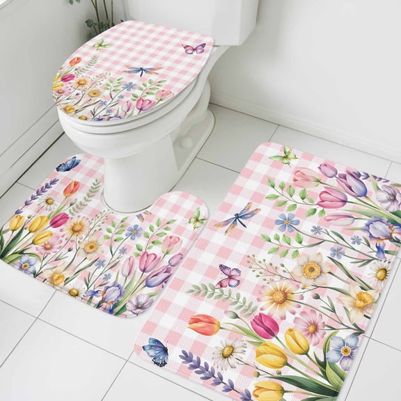 Spring Flowers Bathroom Rugs Set Watercolor Colorful Floral Leaf Butterfly Dragonfly Pink Plaid Non Slip Absorbent Bath Mats 3 Piece Set, U-Shaped Floor Mat, Toilet Seat Cover Large Size