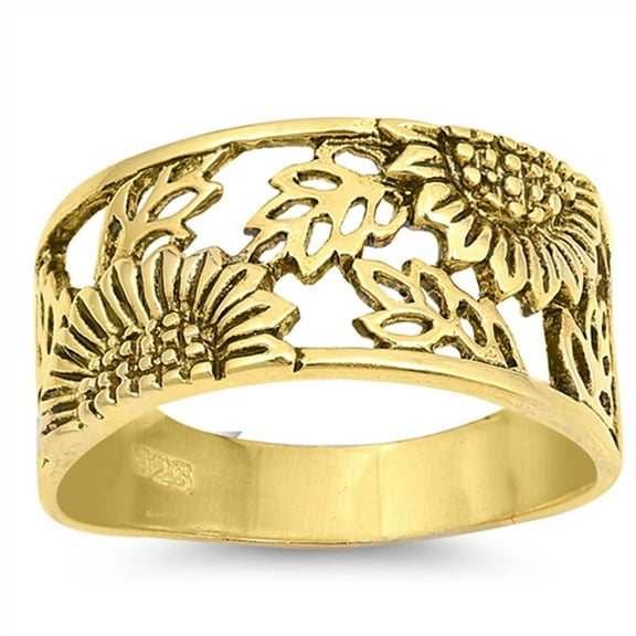 CHOOSE YOUR COLOR Sterling Silver Gold-Tone Sunflower Ring Filigree Flower Leaf Band 925 Female Size 5