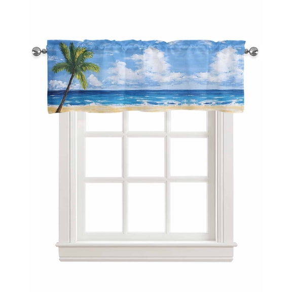 Palm Tree Beach Kitchen Valances for Windows Farmhouse Linen Window Valance Curtain for Living Room Window Treatment Summer Ocean Blue Sky Cloudy Scenery Valance Rod Pocket Topper Drape, 42 x 18 Inch