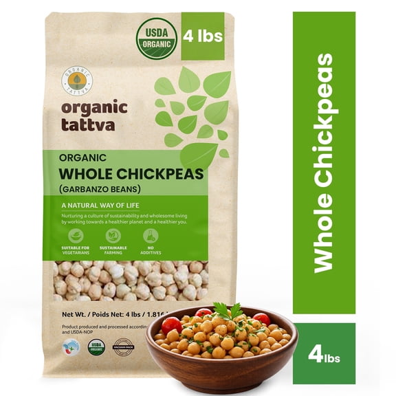 Organic Tattva Whole Chickpeas 4LB, Unpolished Garbanzo Beans, Kabuli Chana, Rich in Protein, Kosher, Gluten Free, USDA Certified