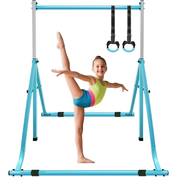 XHYHWYD Gymnastics Bar Foldable Adjustable Height for Kids with Rings green