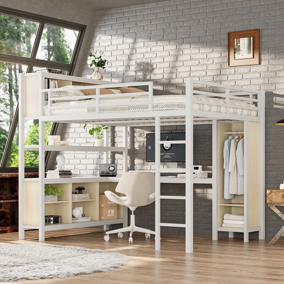 Queen Size Loft Bed with Wardrobe & L-Shaped Desk, Heavy Duty Metal Loft Bed with Storage Shelves, Ladders & Full-Length Guardrail for Kids Teens, White