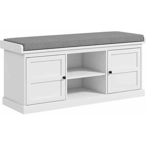 Sunshen Shoe Bench with Cushion Storage Bench for Entryway White | Padded Seat, 2 Cabinets, Adjustable Shelf, for Hallway Living Room Bedroom