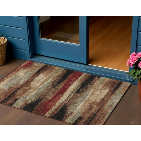 3' X 5' Brown Beige And Burgundy Abstract Washable Indoor Outdoor Area Rug
