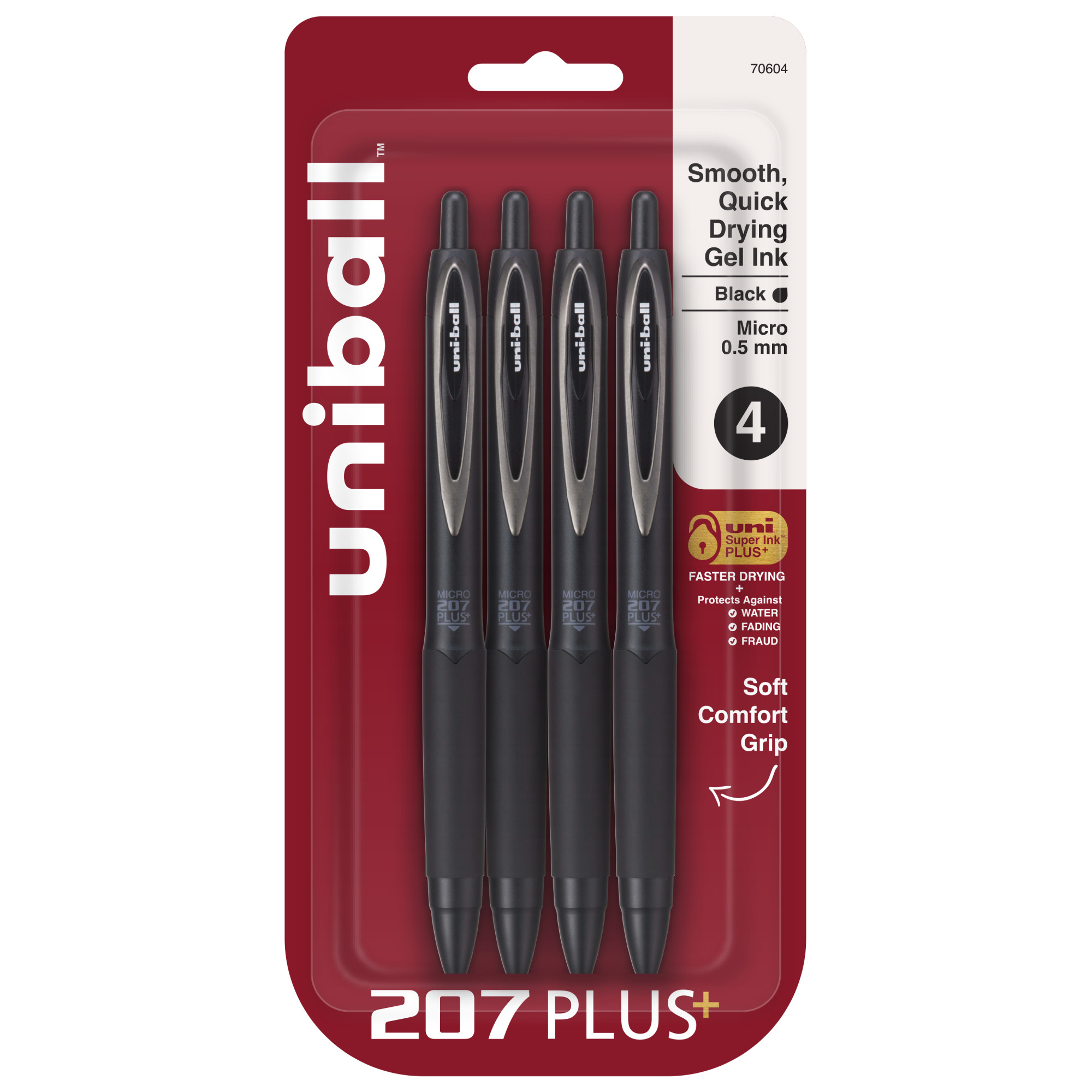 uniball 207 Plus+ Retractable Gel Pens, Micro Point, 0.5mm, Black Ink, 4 Count