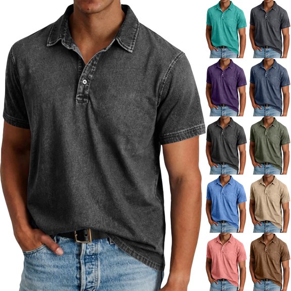 HAJWOH Men's Polo Shirts with Collar Short Sleeve Distressed Washed Cotton T-Shirts Button Casual Summer Tee Tops Clothing