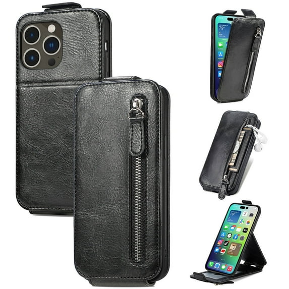 SaniMore for iPhone 14 Pro Max Magnetic Closure Top & Bottom Flip Wallet Case, Premium PU Leather Cover with Car Mount Card Slot & Adjustable Kickstand Full Body Protective Shell, Black