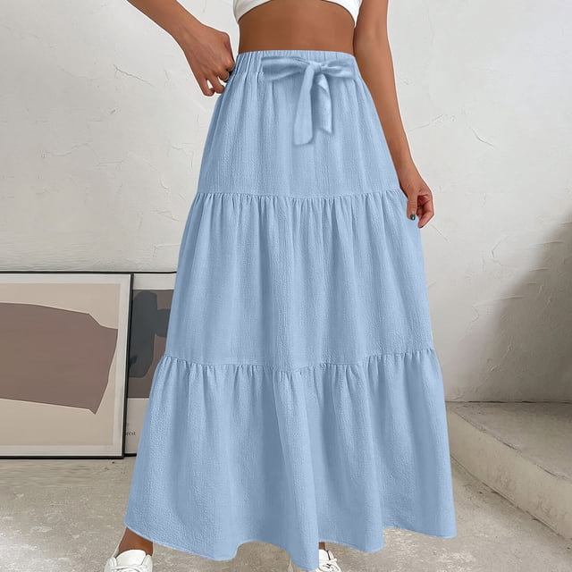 Karight Maxi Skirts for Women Trendy High Waisted Flowy Tiered Linen Skirt Casual Pleated A-Line Beach Long Skirts with Tie