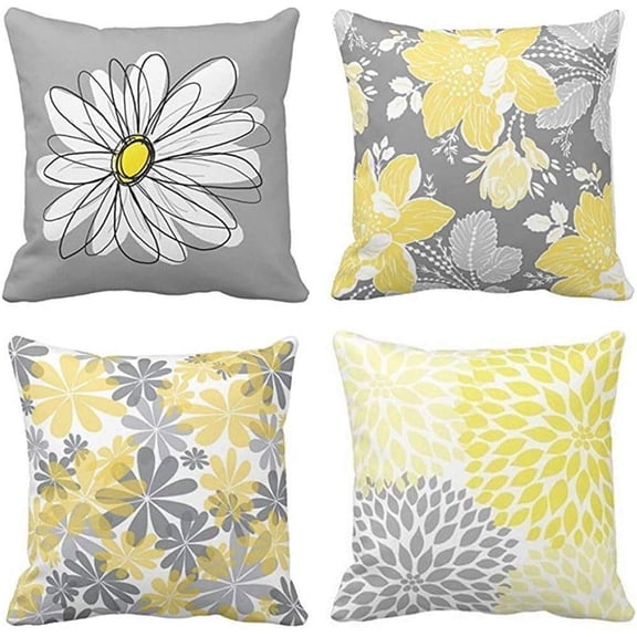 Set of 4 Throw Pillow Covers Gray and Yellow Modern Daisy with Pretty White Floral Hand Couch Sofa Decorative Pillow Cases Cushion Home Decor Square 18x18 Inches Pillowcases