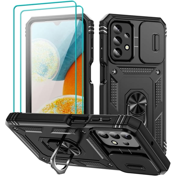 for Galaxy A23 5G Phone Case with Slide Camera Cover & Screen Protector*2, A23 Case Build in Rotating Ring Kickstand, Military Grade Protective Case for Samsung Galaxy A23 5G Case, Black