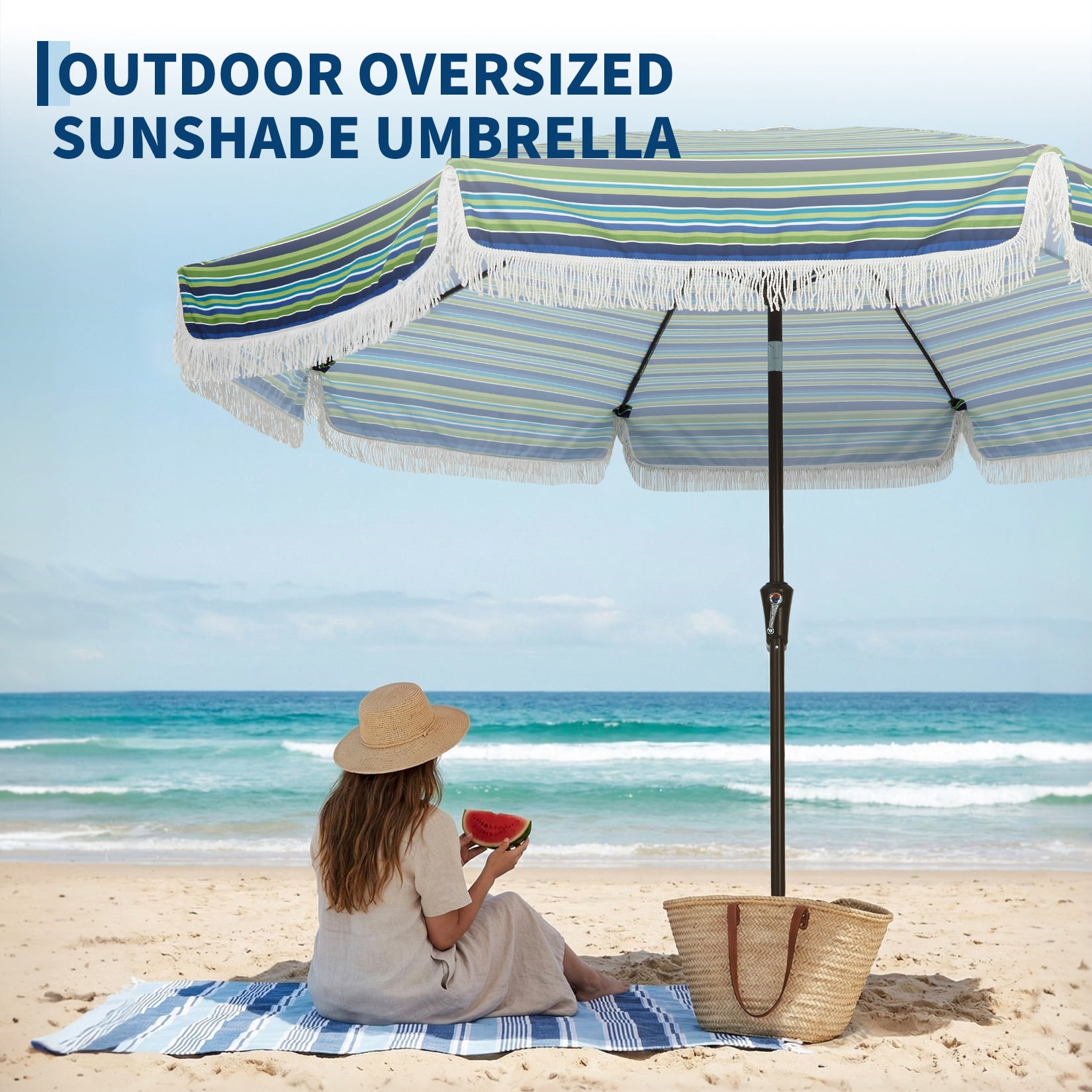 9FT Outdoor Umbrella with 8 Fiberglass Ribs, Crank Handle & Push Button Tilt, 1.5"D Premium Steel Pole, Boho Tassel Market Umbrella for Patio, Backyard, Pool, Blue & Green Striped