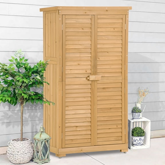 3-tier Backyard Storage Sheds, SESSLIFE Wooden Outdoor Vertical Shed with Lockers and Waterproof Finish, Multifunctional Storage Cabinet, TE2734