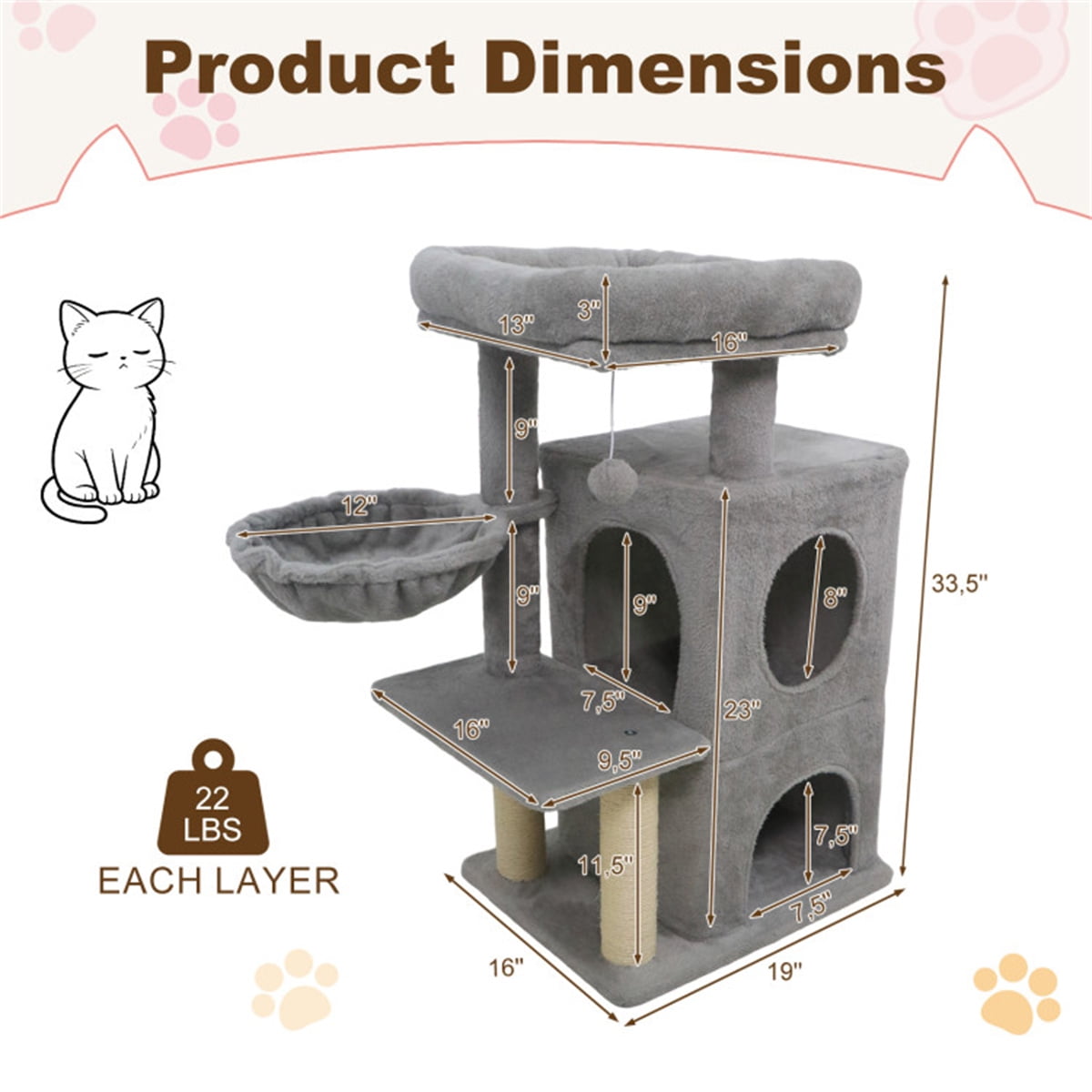 ZephyPaws Tall Cat Tree Tower for Indoor Cat, 35in Multiple-Level Cat Condo with 2 Caves, Cat Scratching Posts,Perches,Gray