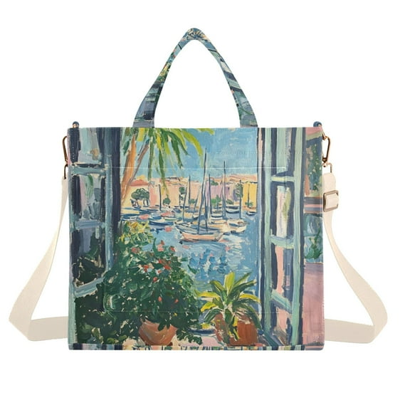 FORMRS Womens Corduroy Tote Bag Crossbody Shoulder Handbag with Pocket, Blue Sea Boat