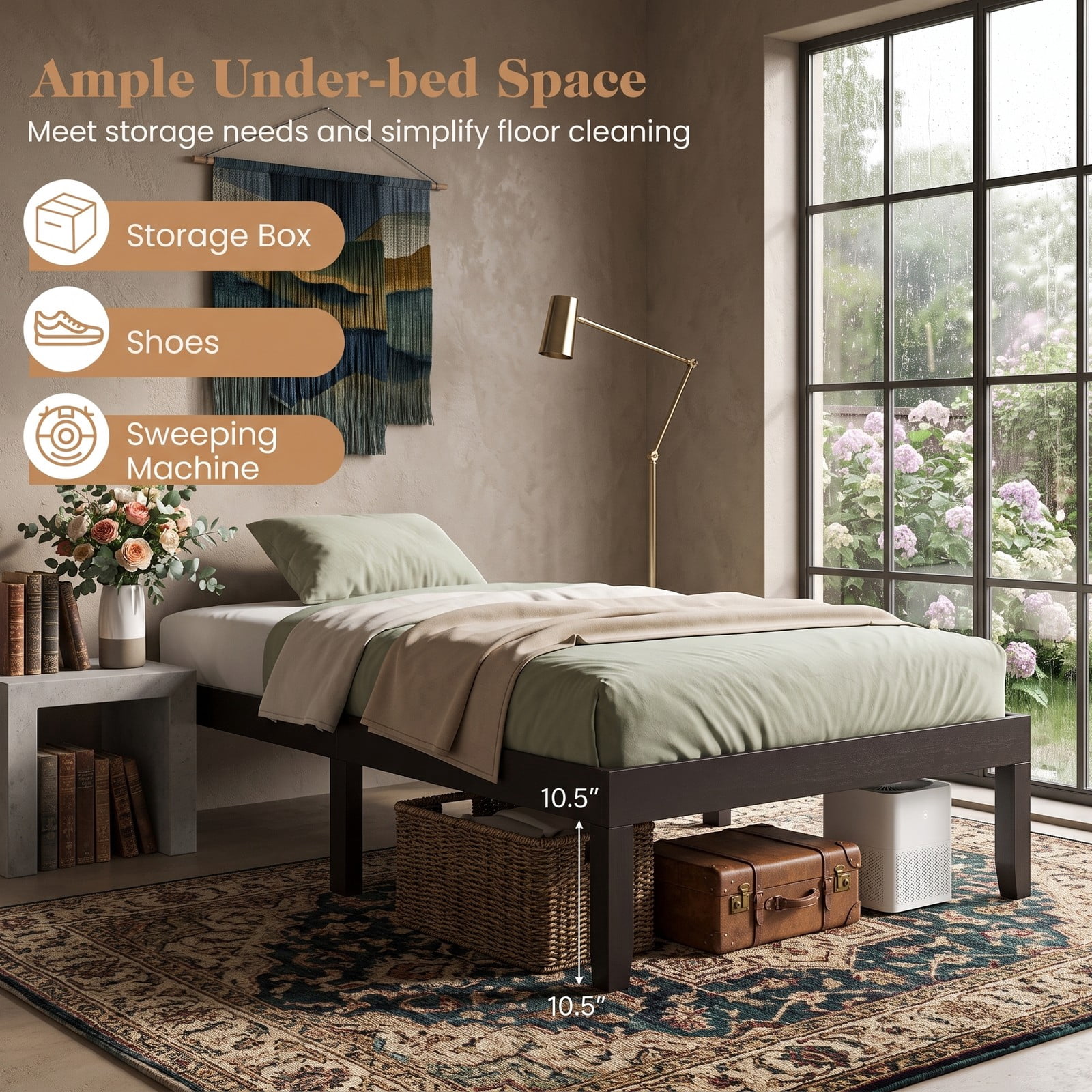 Furnibear Twin Bed Frame with Storage, 14 Inch Wood Platform Bed Frame with Slat Support and Under Bed Storage, No Box Spring, Espresso