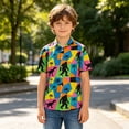 thumbnail image 2 of Boys Dinosaur Print Short Sleeve Button Down Shirt, Kids Casual Vacation Hawaiian Shirt for Outdoor Daily Sports Summer Wear(Sky Blue,5-6 Years), 2 of 5