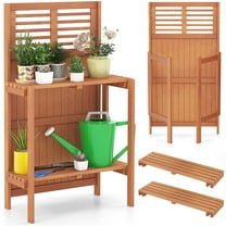 Costway Wood Potting Bench Waterproof Garden Table with 2-Tier Open Storage Shelf