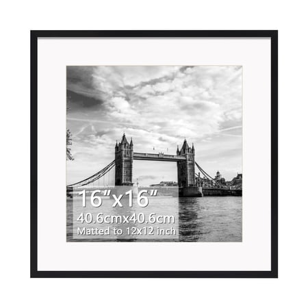 12x12 Picture Frame with Mat, 16x16 Photo Frame without Mat for Wall Mount or Tabletop, Black