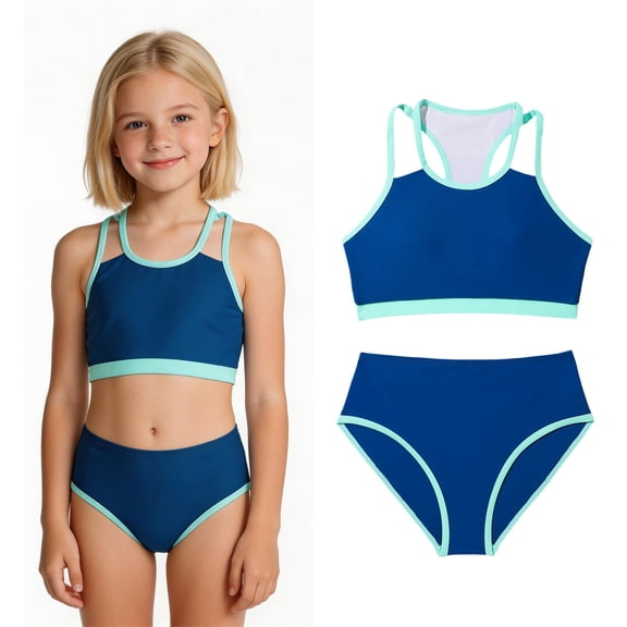 Tween Swimsuits Double Strap 2 Piece Bathing Suits with Chest Pad Cute Swimsuits for Tween Girls 10-11 Years