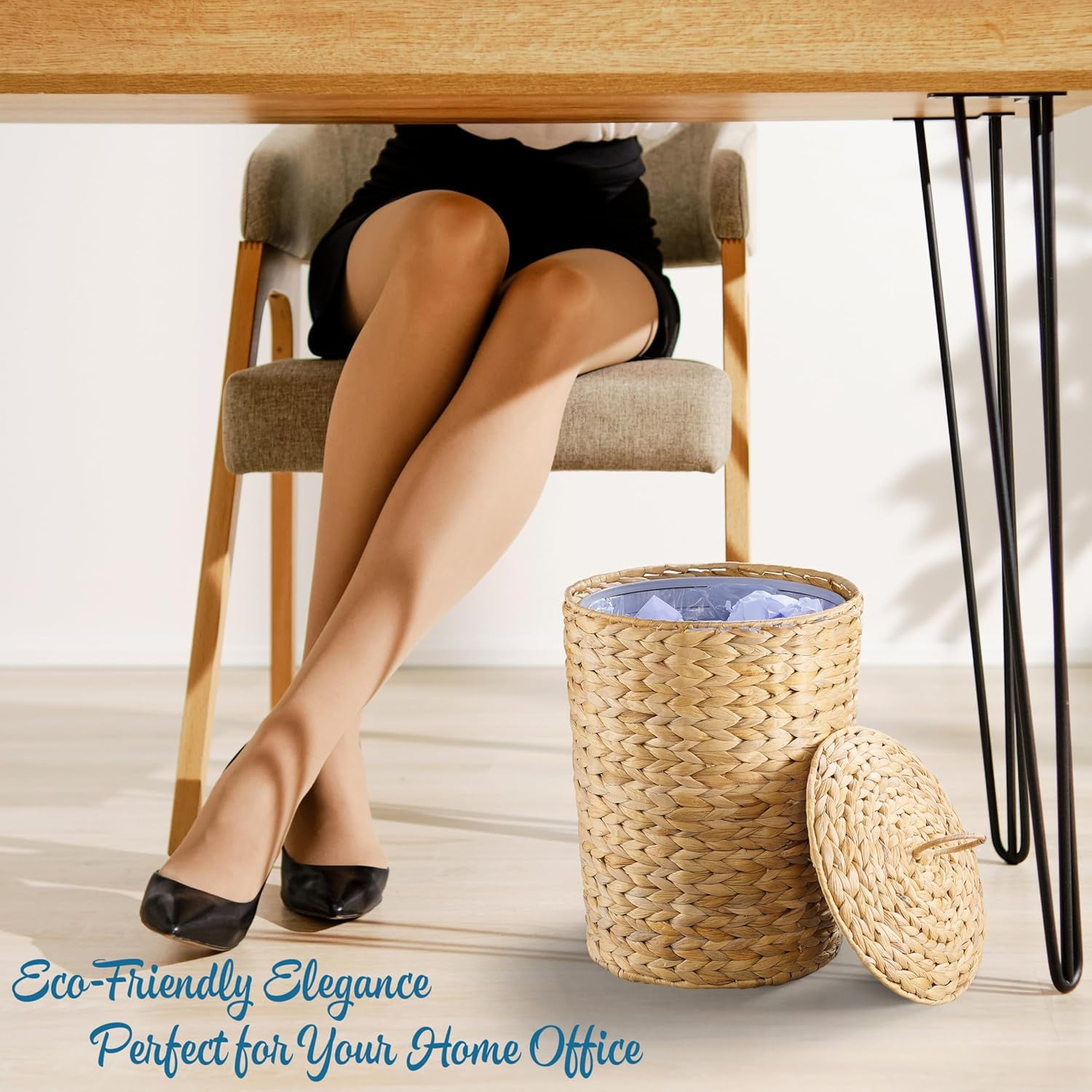 Wicker Trash Can with Lid and Removable Liner, Wicker Rattan Bathroom Trash Can, Large Woven Bin for Office, Hyacinth Waste Basket for Bedroom, Living Room, Kitchen