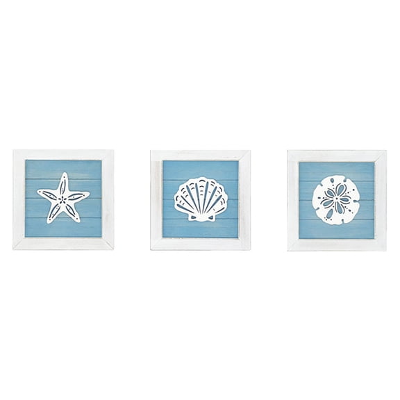 Ocean Theme Wall Decor Set of 3, 7x7 in Rustic Beach Starfish Seashell and Sand Dollar Wooden Bathroom Decor for Lake House Home Room Nautical Gifts