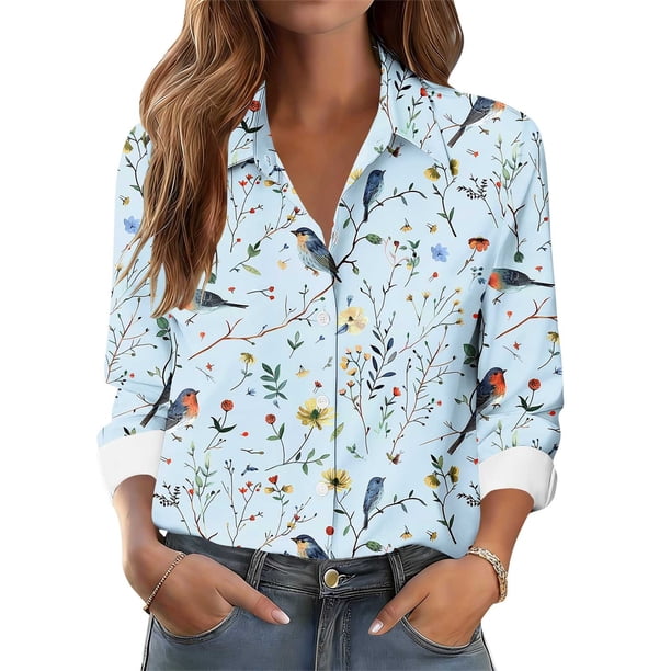 TaTaai Women Casual Button Down Printed Shirt Long Sleeve Collared Top Ladies Daily Street Office Commute Wear Soft Breathable No Fading Machine Washable Comfortable Blouse Gift