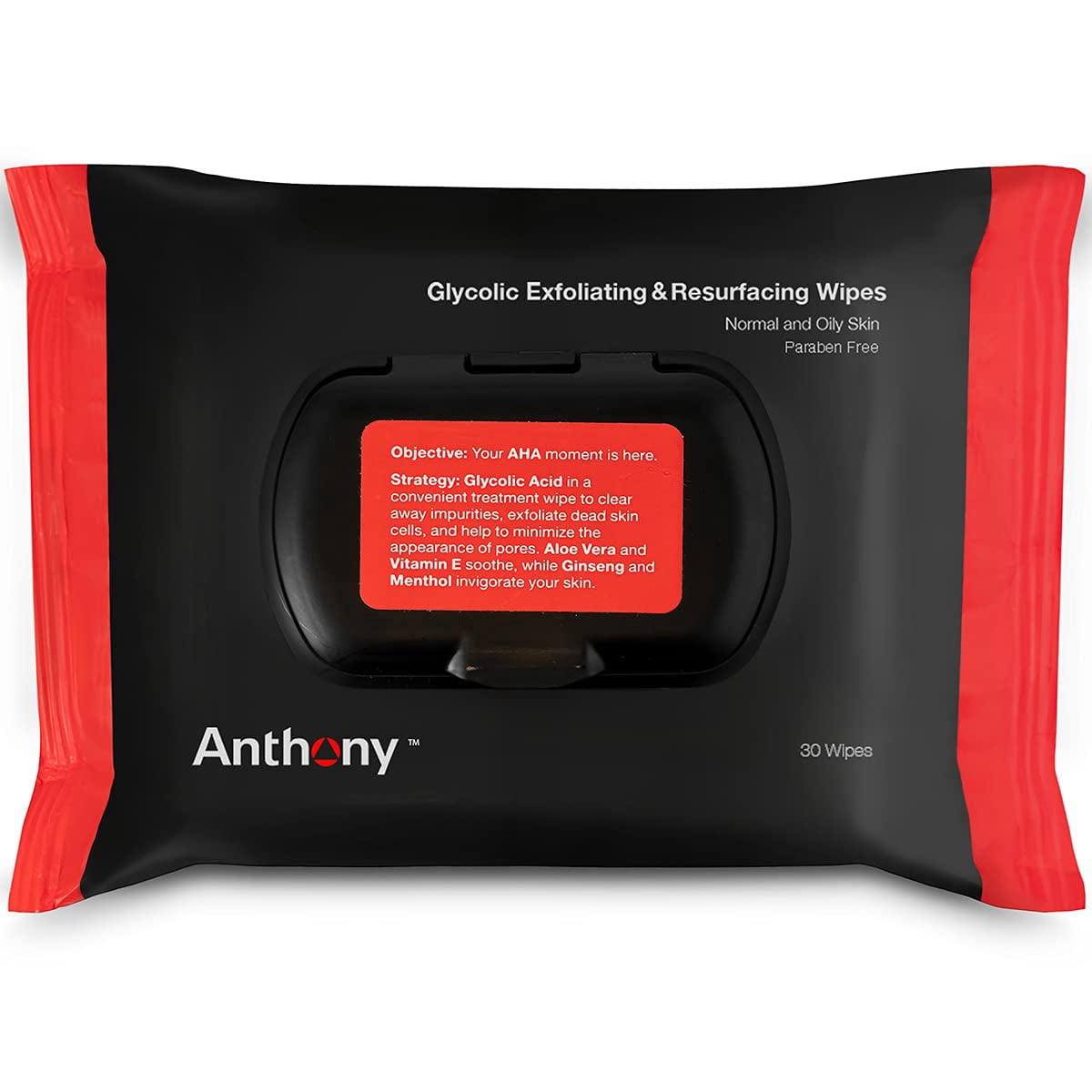 Anthony Glycolic Exfoliating Face Wipes and Resurfacing Wipes for Men Infused with Glycolic Acid, 30 Count