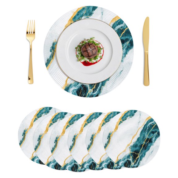 Round Placemats Teal Marble 15 inch Set of 6 Table Mats for Dining Table Gold Abstract Art Heat Resistant Non-Slip Kitchen & Home Decorative Place Mat Set