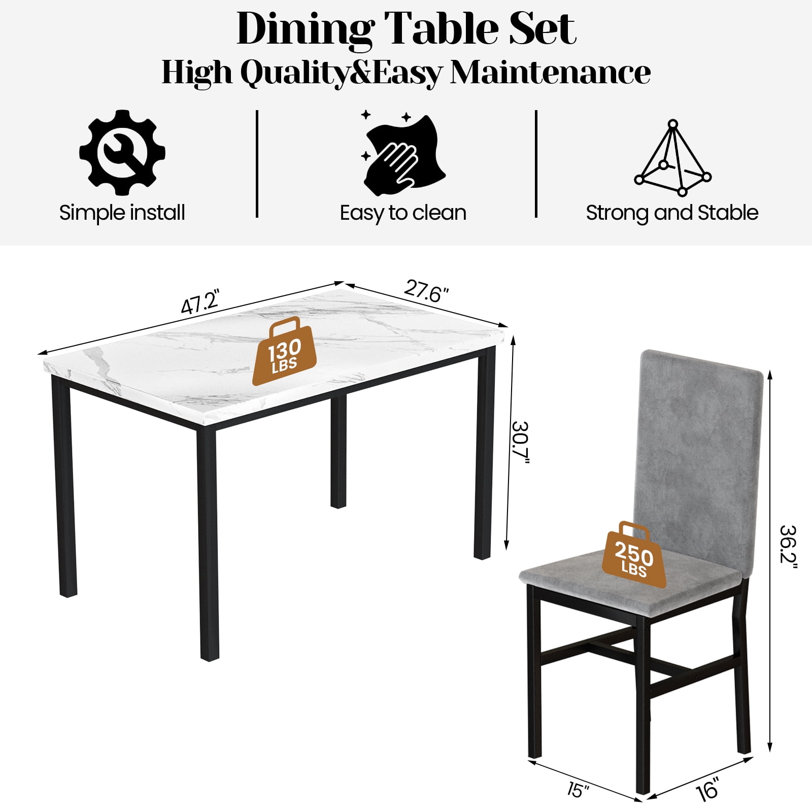 Cvortll 5 Pieces Dining Room Table Set for 4, Space Saving Kitchen Table and Chairs , Set with 4 Upholstered PU Leather Chairs and Faux Marble Tabletop, Gray + White