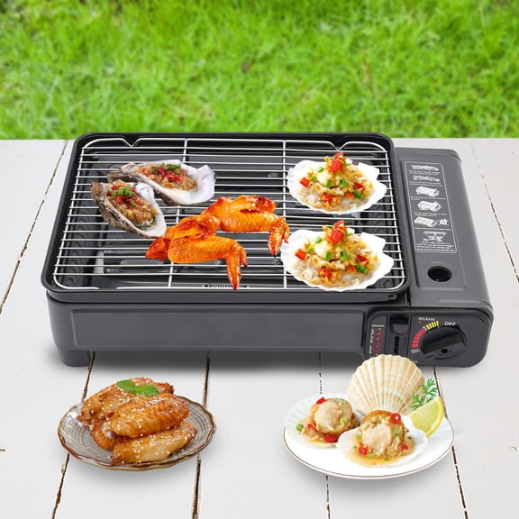 Portable Gas Grill Stove for Outdoor Camping, BBQ, and Trekking, Butane Canister Lock, Adjustable Fire, Windproof, and Includes Storage Case