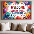 thumbnail image 5 of LUUFILx Welcome Amazing Things Happen Here Banner Kids Room Decor Background Backdrop School Party Decorations Art Supplies Fun Play Area Classroom Hanging, 5 of 7