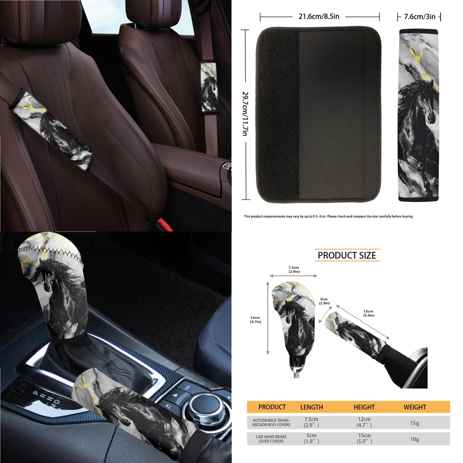 Renewold Black Horse Marble Car Seat Covers Front Rear Full Set Steering Wheel Seat Belt Pads Coasters Waste Bin Armrest Pad Cup Holders Rearview Mirror Handbrake Cover Set, 14 Pack