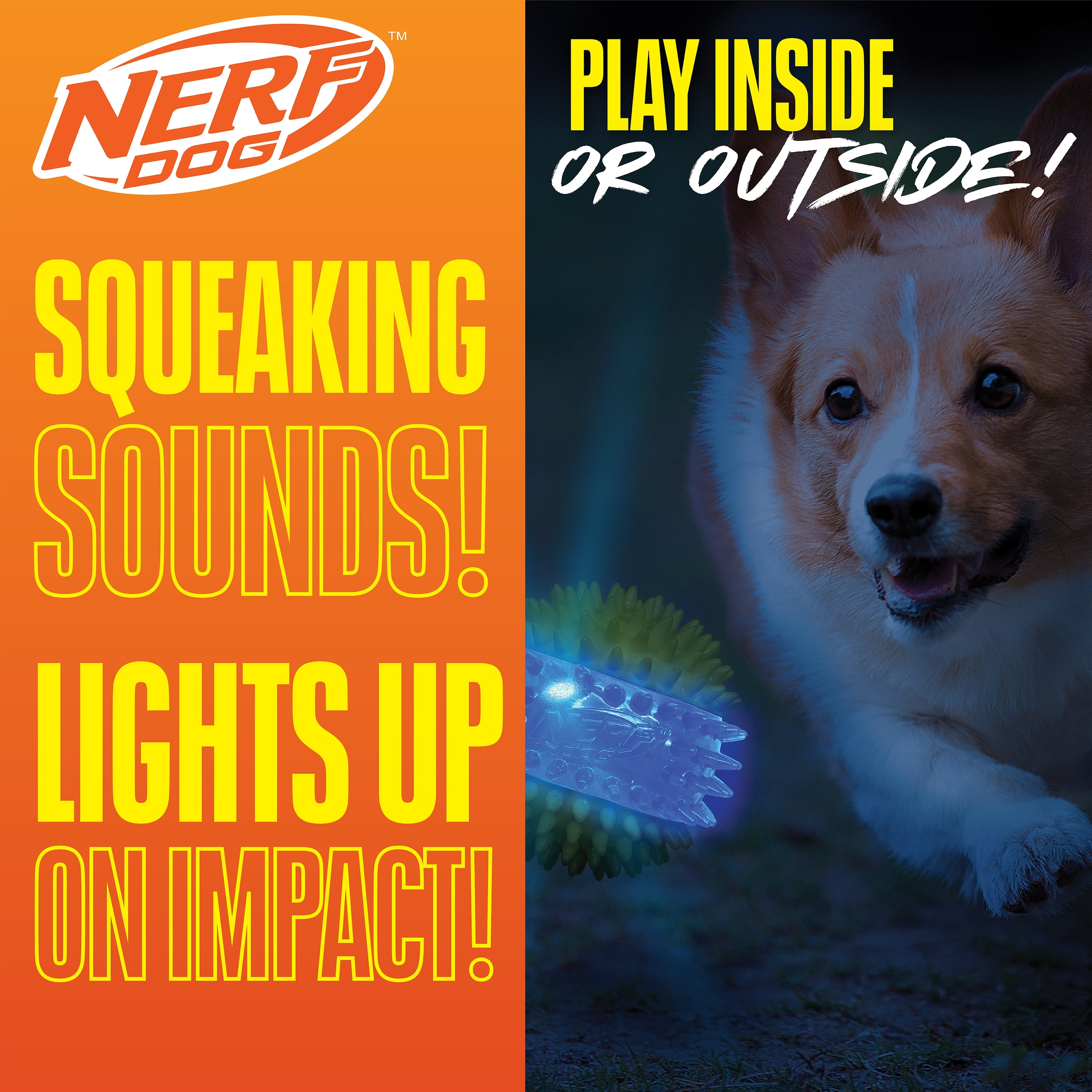 (2 pack) Nerf Dog LED Dental Spikes Light Up Squeak Ball Toy, 2.7 Inch