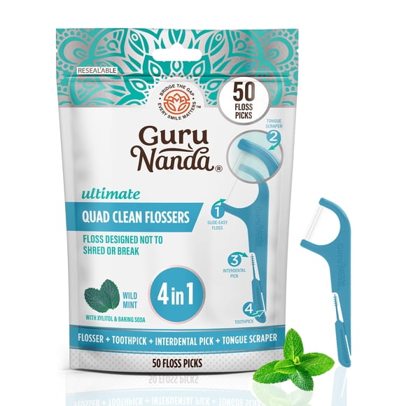 Hilos dentales con palillo GuruNanda Quad Clean 4 en 1 menta, 50 unidades