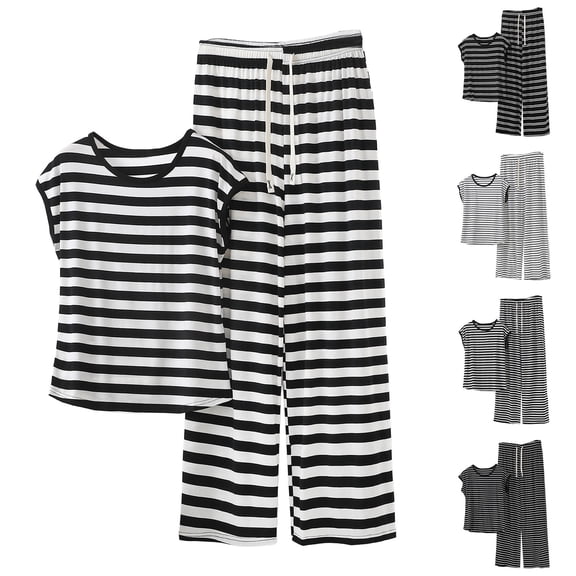 Women's Striped Two Piece Set, Short Sleeve Top Wide Leg Pants Set, Black and White Stripe Summer Outfits for Women, Casual Lounge Set, Vacation and Maternity Outfits-Black