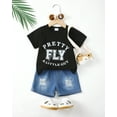 thumbnail image 2 of Kucnuzki 2T Toddler Boys Summer Outfits 3T Toddler Boys Casual Clothes Sets Short Sleeves Pullover Top Letter Print T-shirt Ripped Denim Shorts Sets 2pcs Black, 2 of 7