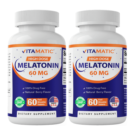 Vitamatic Melatonin 60mg Fast Dissolve Tablets - 60 Vegan Natural Berry Flavor Tablets - Non-Habit Forming - Non-GMO, Gluten Free (2 Bottles)