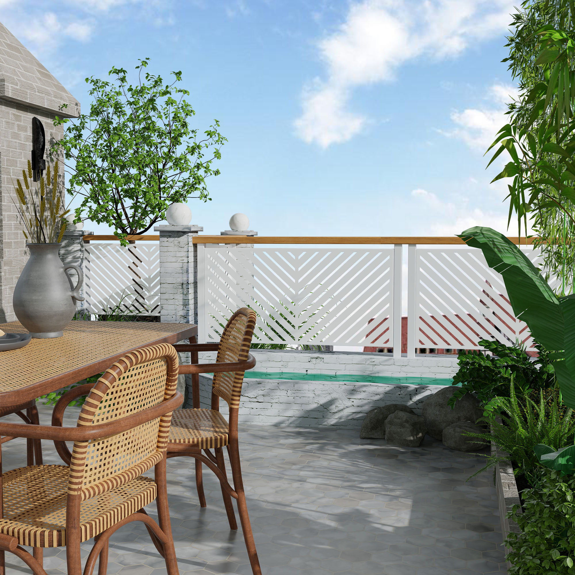MAYEERTY 72*47" Outdoor White Metal Privacy Panel Screen for Patio, Parallel Line Pattern
