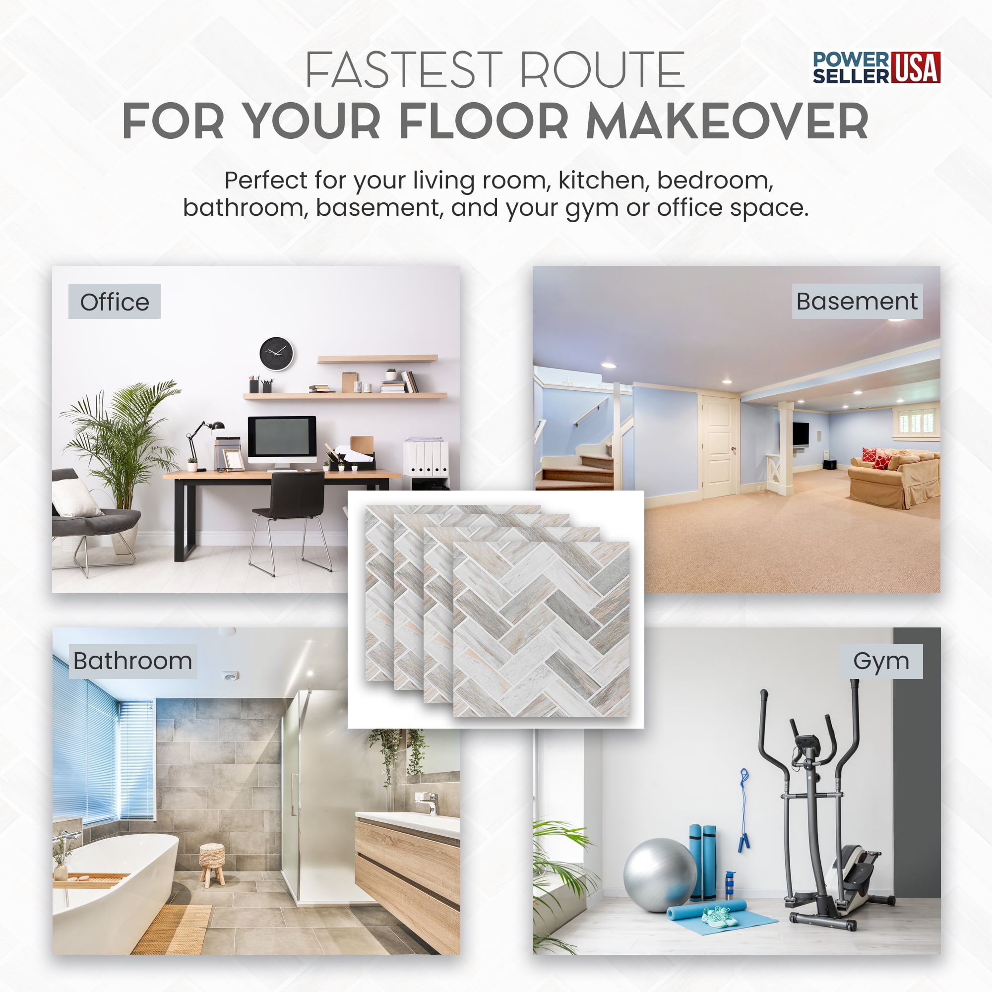 PowerSellerUSA Self-Stick Vinyl Modern Geometric Floor Tiles Ultra Durable 1.5mm Thick Tiles, 1-Pack/20 Square Ft., 12" x 12", Gray Herringbone