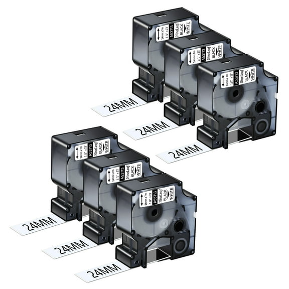 NineLeaf 6PK Compatible for DYMO D1 53713 1" x 23' (24mm x 7m) Black on White Label Maker Tape for Label Manager 450 450D Label Maker