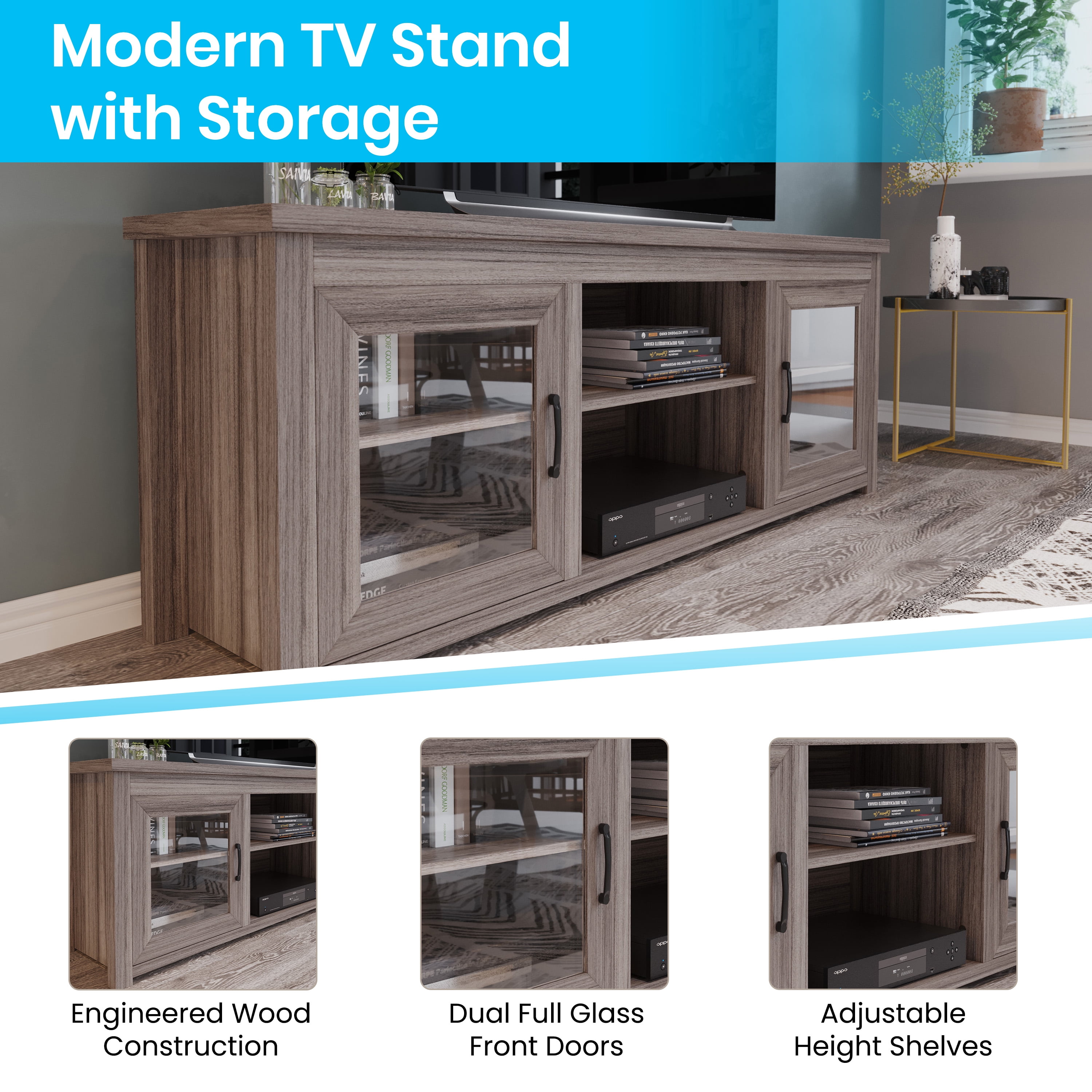 BizChair Classic TV Stand up to 80" TVs - Gray Wash Oak Finish with Full Glass Doors - 65" Engineered Wood Frame - 3 Shelves