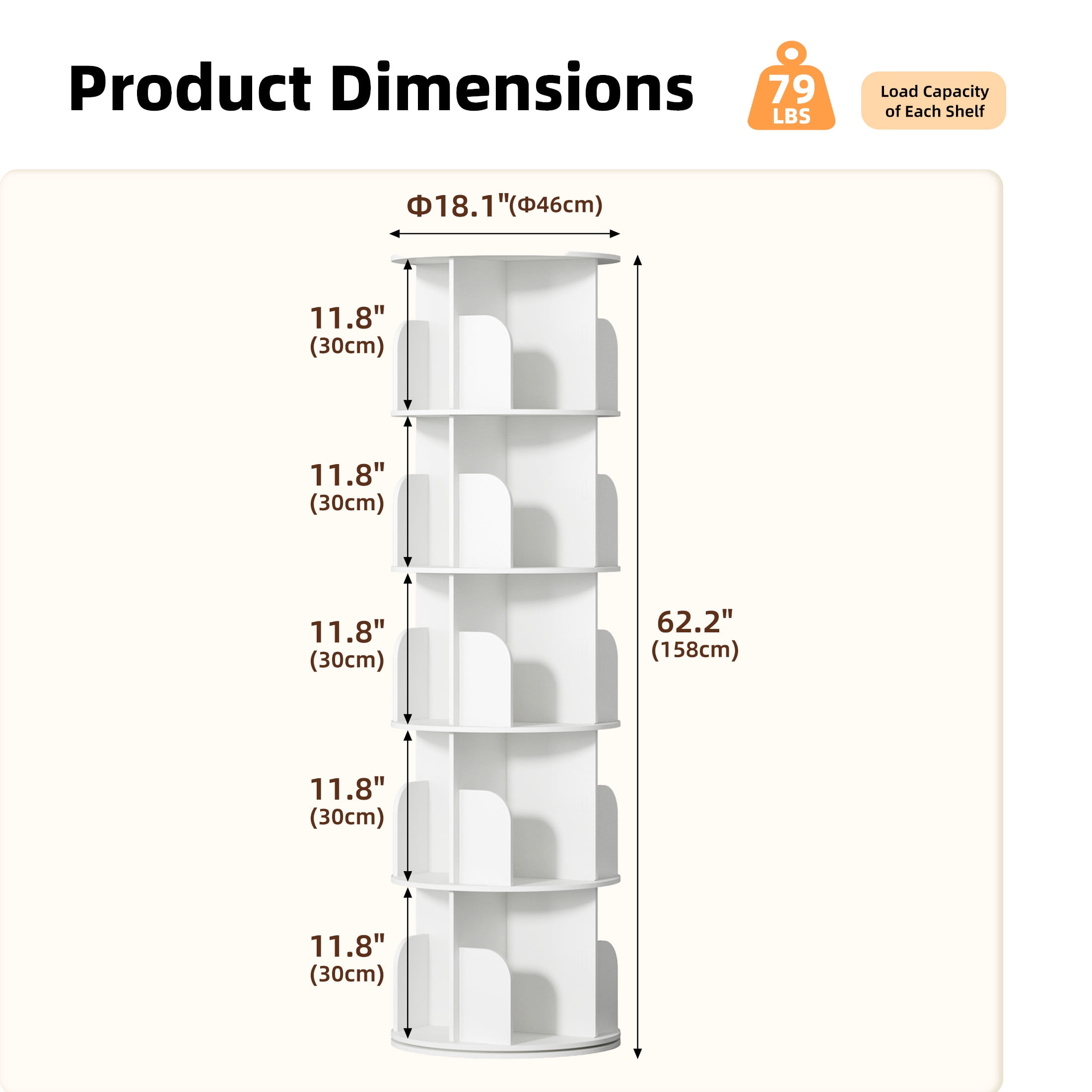 Gianna 5 Tier Rotating Bookshelf, 360 Display Floor Standing Bookcase Storage Rack, White